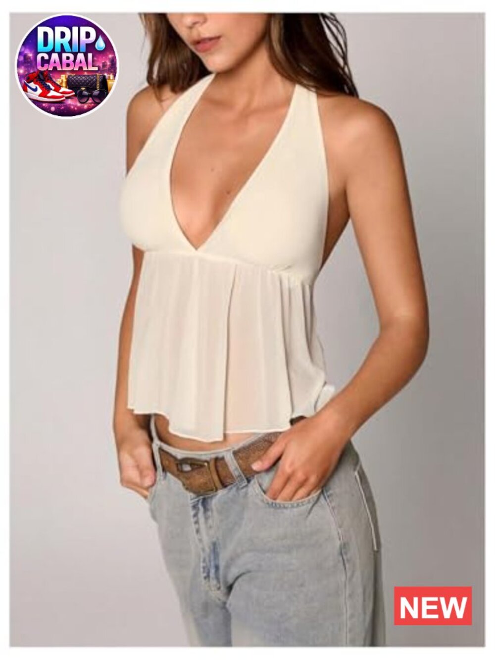 Mesh Sheer Tie Back Halter Crop Top Peplum Ruffle Sleeveless Summer Top - Picture 4 of 5